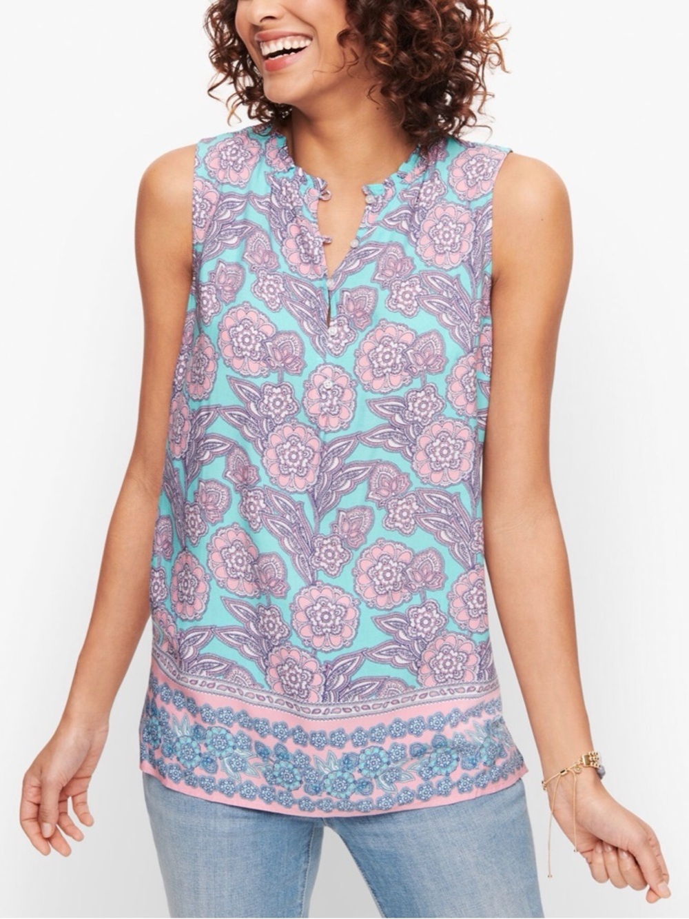 Talbots Blooming Paisley Split Neck Shell Blouse Tank Bright Women’s Sz Small